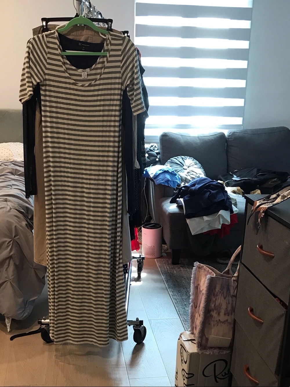 Bar III Olive and White Striped Short-Sleeve Maxi Dress